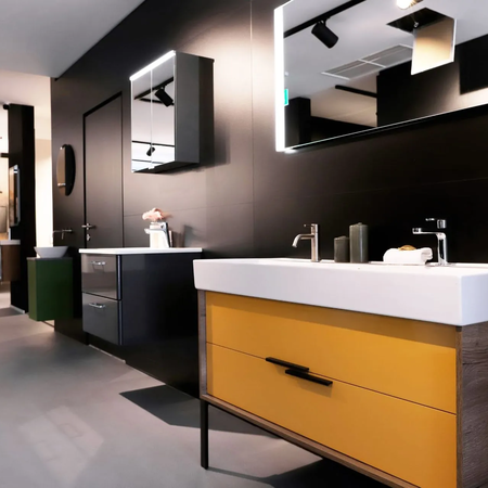 Moderne Badezimmer mit zwei Waschbecken, rechte Seite mit gelbem Unterschrank, linke Seite mit dunklem Unterschrank, beleuchtete Spiegel