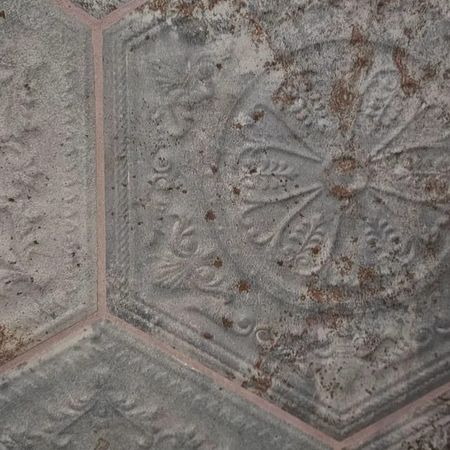 Sechseckige Steinfliesen mit verwitterten, floralen Ornamenten