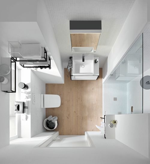 Vogelperspektive eines modernen Badezimmers mit weißem Waschbecken, Toilette, Glasdusche und Holzfußboden