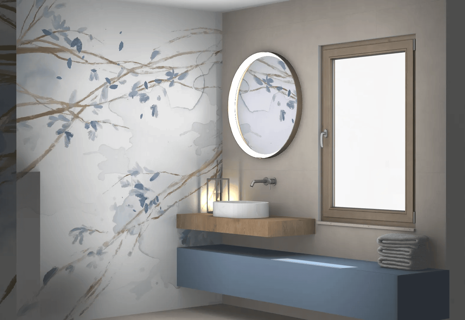 Modernes Badezimmer mit rundem Spiegel, Holzfenster, weißem Waschbecken auf Holzablage und blauer Unterschrank